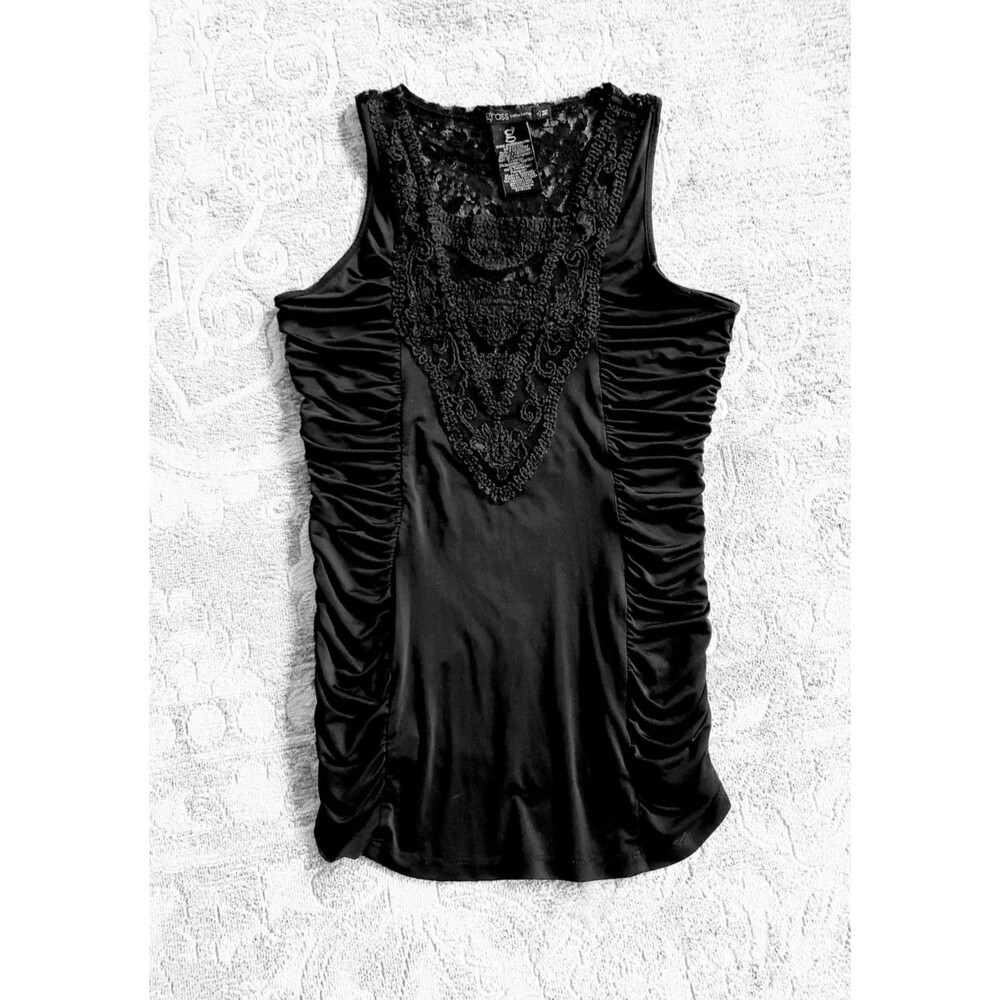 Vtg Y2K Grass Collection Satin & Lace Top Sz M Black Ruched Stretch Vampy Gothic